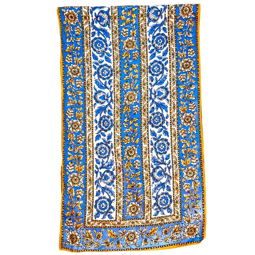 Vintage Glentex Floral Scarf Nylon Blue Gold Hand Rolled Japan Retro 70s Cottage